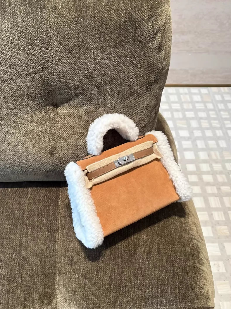 Hermès Kelly Mini Teddy Plush Shearling Chamois/Ecru/Alezan Palladium Hardware
