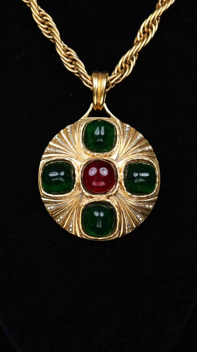 Chanel Round Pendant Necklace with Red and Green Rhinestones