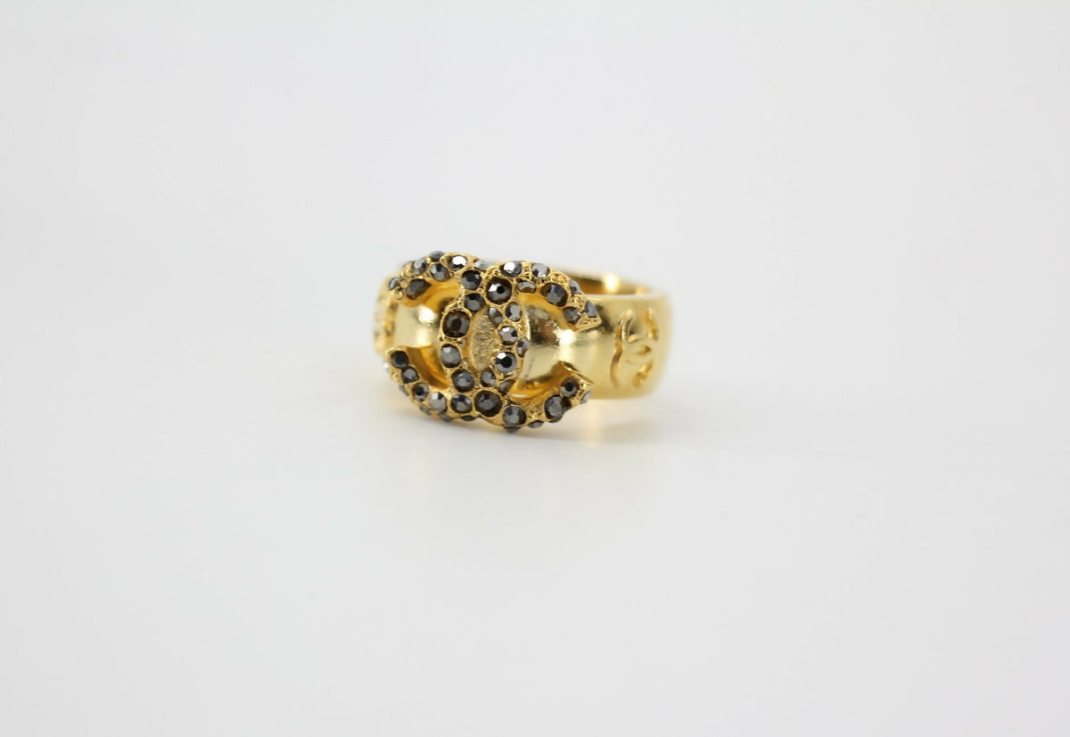 Chanel Vintage Rhinestone Gold-Tone Black CC Logo Ring