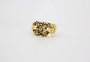 Chanel Vintage Rhinestone Gold-Tone Black CC Logo Ring