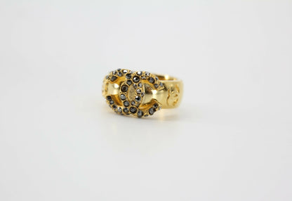 Chanel Vintage Rhinestone Gold-Tone Black CC Logo Ring