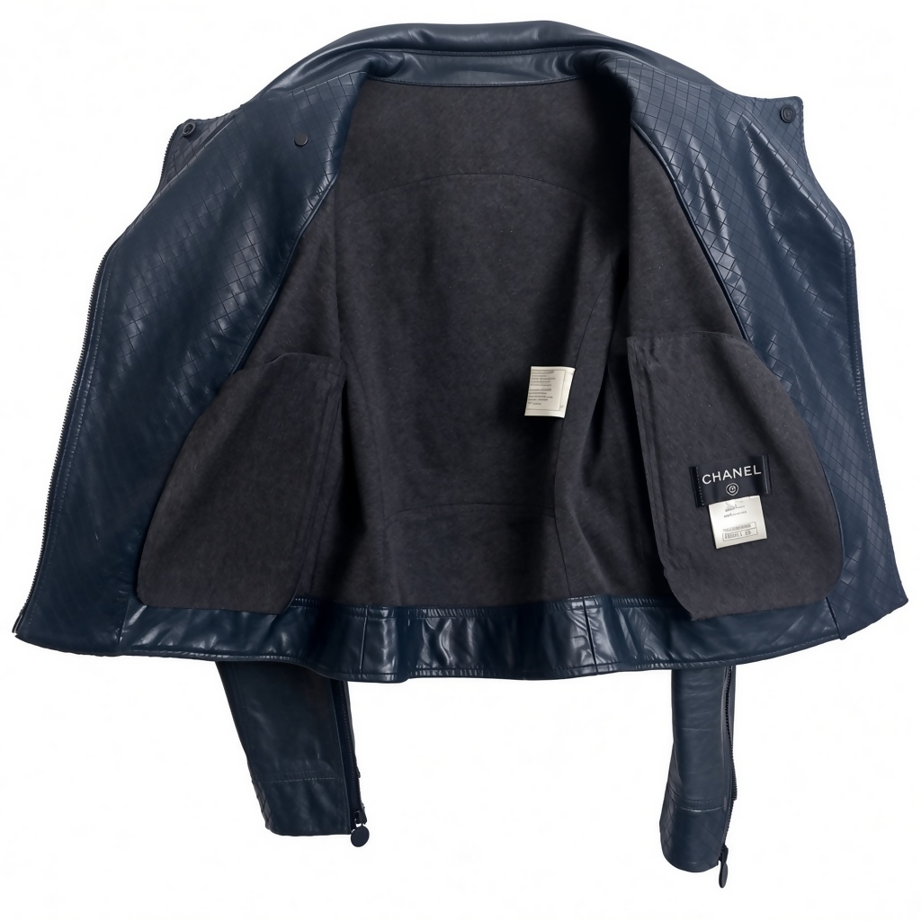 Chanel 12P Dark Blue Petrol Quilted Leather Biker Jacket