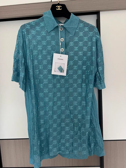 Chanel 23C Blue Rhinestone long T-Shirt
