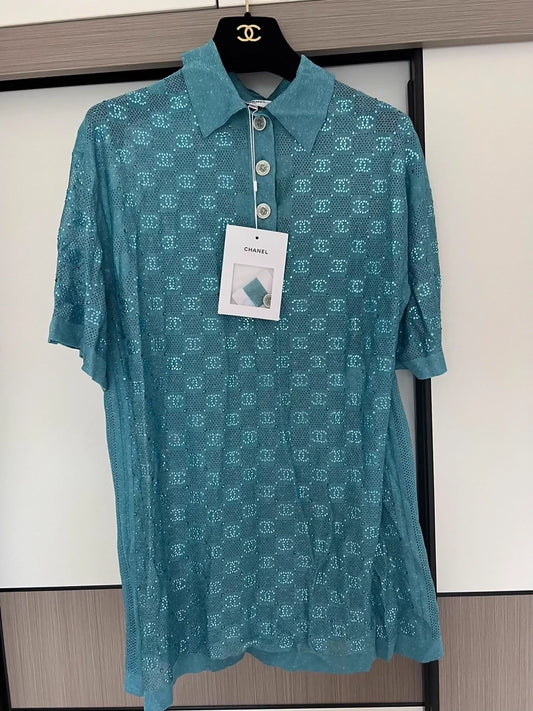 Chanel 23C Blue Rhinestone long T-Shirt