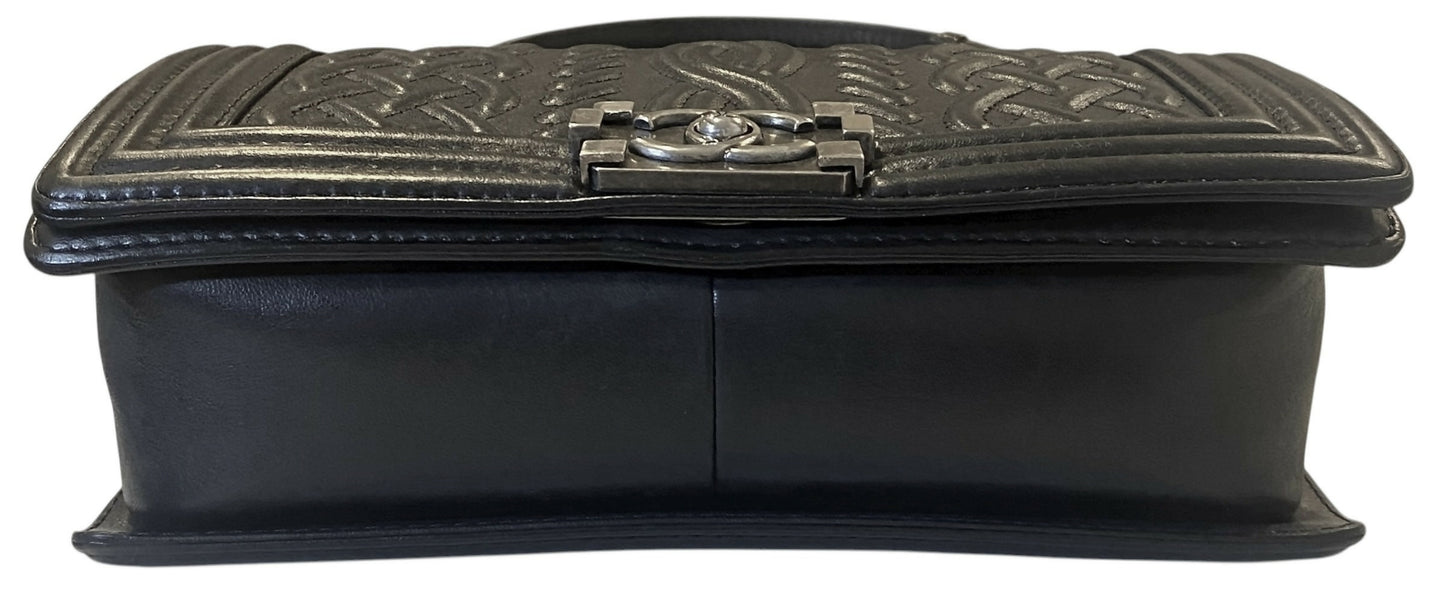 Chanel 13A Paris Edinburgh Black Lambskin Old Medium Embossed Celtic Knot Boy Flap Bag