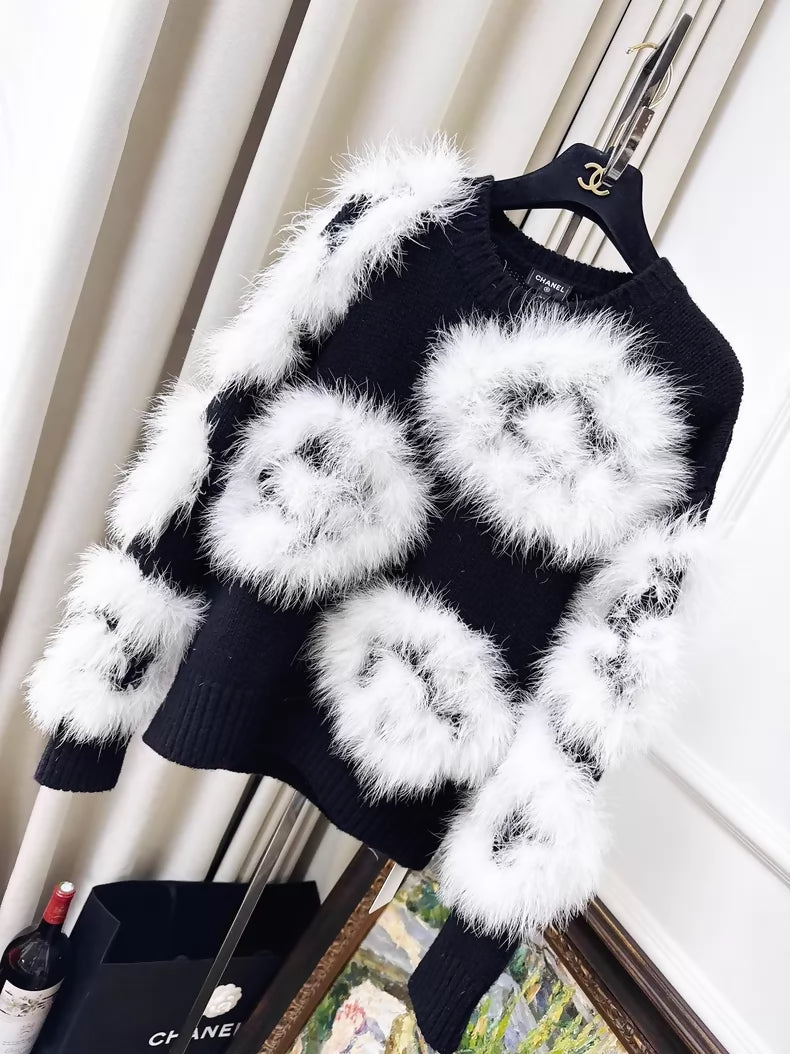 Chanel 23K white ostrich feather black camellia sweater
