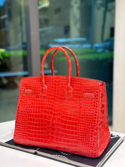 Hermes Birkin 35 red shiny crocodile palladium hardware