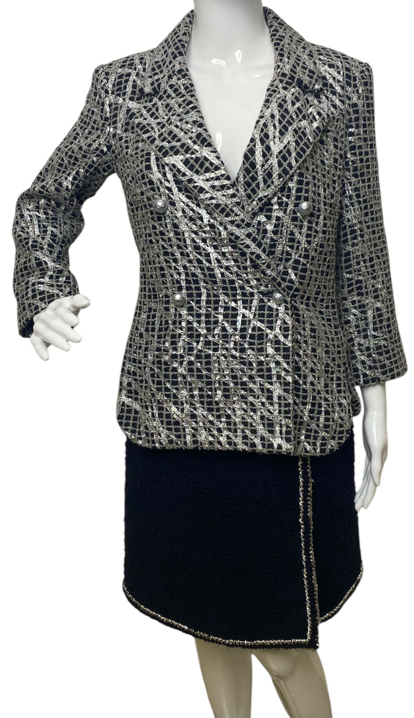 Chanel 12P Double Breasted Silver Metallic Graffiti Black Removable Pearls Jacket FR 36