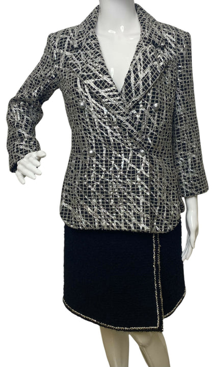 Chanel 12P Double Breasted Silver Metallic Graffiti Black Removable Pearls Jacket FR 36