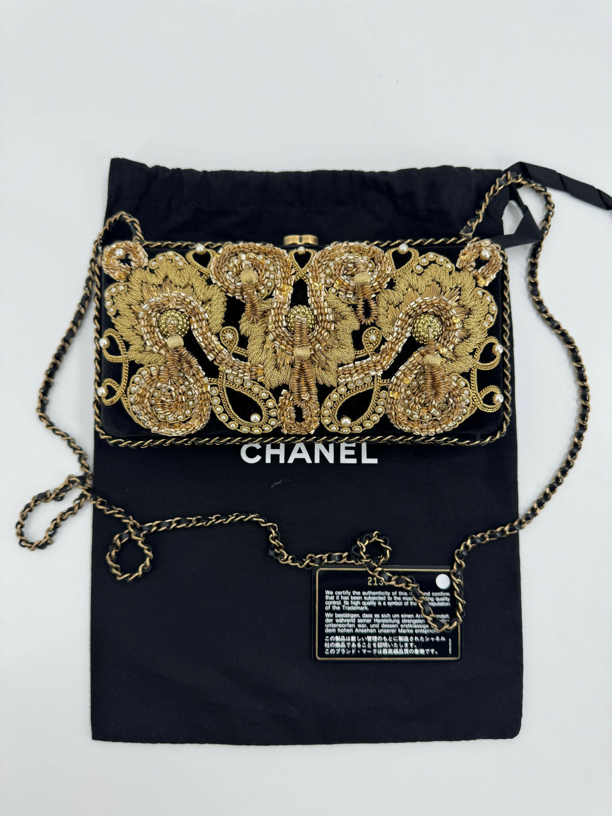 Chanel 2015 Velvet Imitation Pearl & Gold Embroidery Chain Evening Clutch Bag