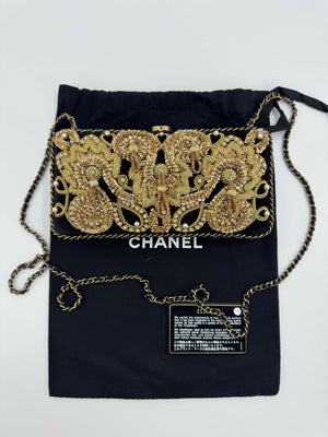 Chanel 2015 Velvet Imitation Pearl & Gold Embroidery Chain Evening Clutch Bag