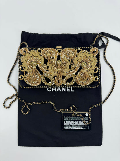 Chanel 2015 Velvet Imitation Pearl & Gold Embroidery Chain Evening Clutch Bag
