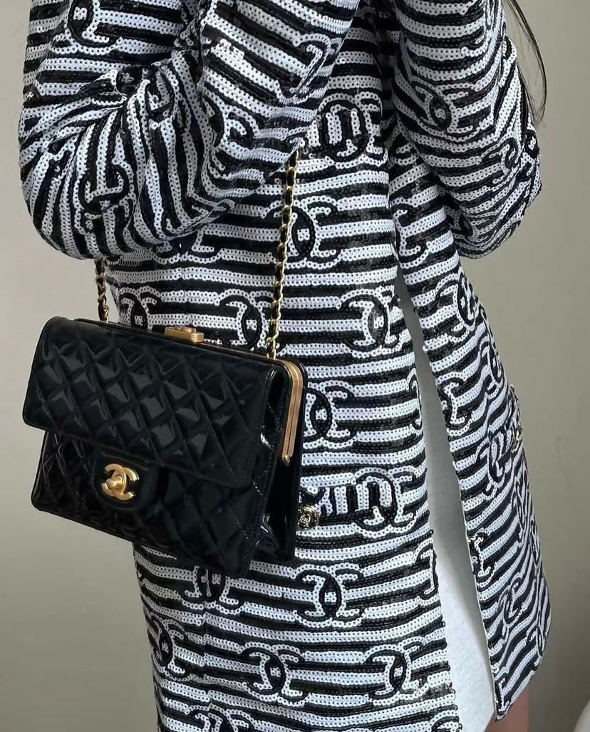 Chanel 22S Runway Sequin CC Logo Black and White Jacket FR 40