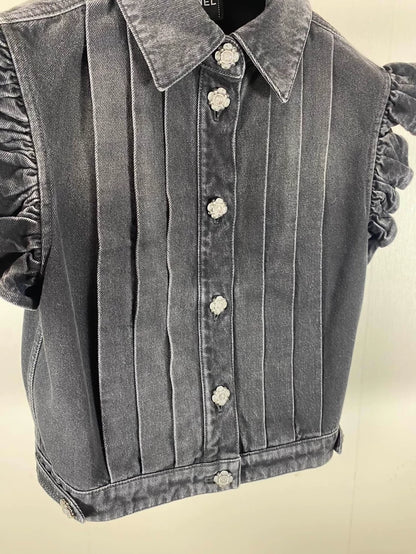 Chanel 24A Black/Grey Ruffled Pleated Short Sleeveless Collared Vest