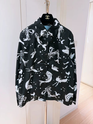 Prada black and white mermaid print long-sleeved shirt