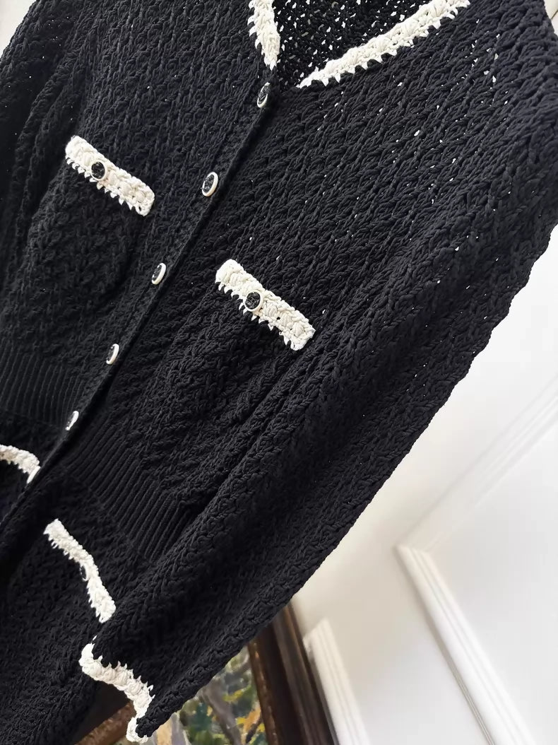 Chanel 22C Black and White Woven Camellia Button-Down Dress