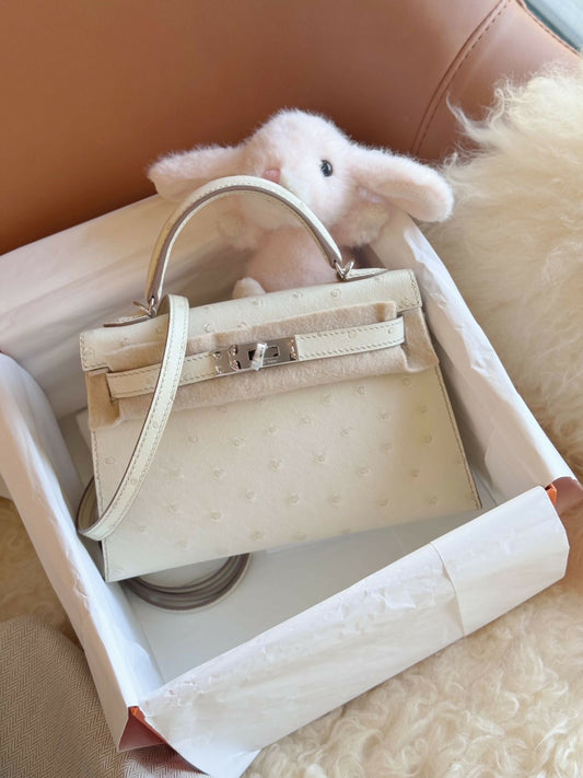 Hermès Mini Kelly II Bleu Glacier Ostrich Leather paired with Bleu Interior & Hardware B Stamp