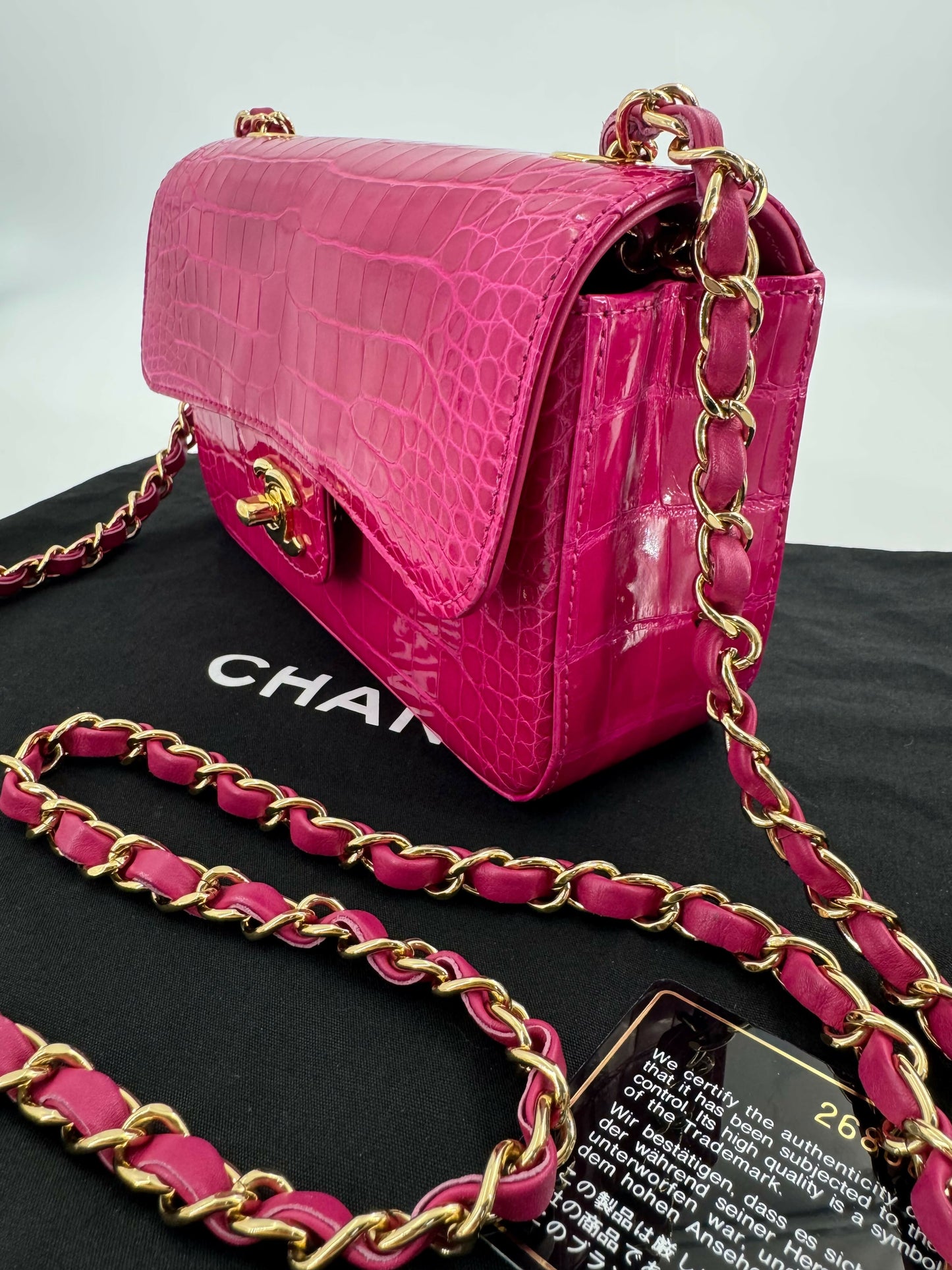 Chanel 2018-2019 Alligator Bright Pink Classic Flap Bag with Gold Hardware