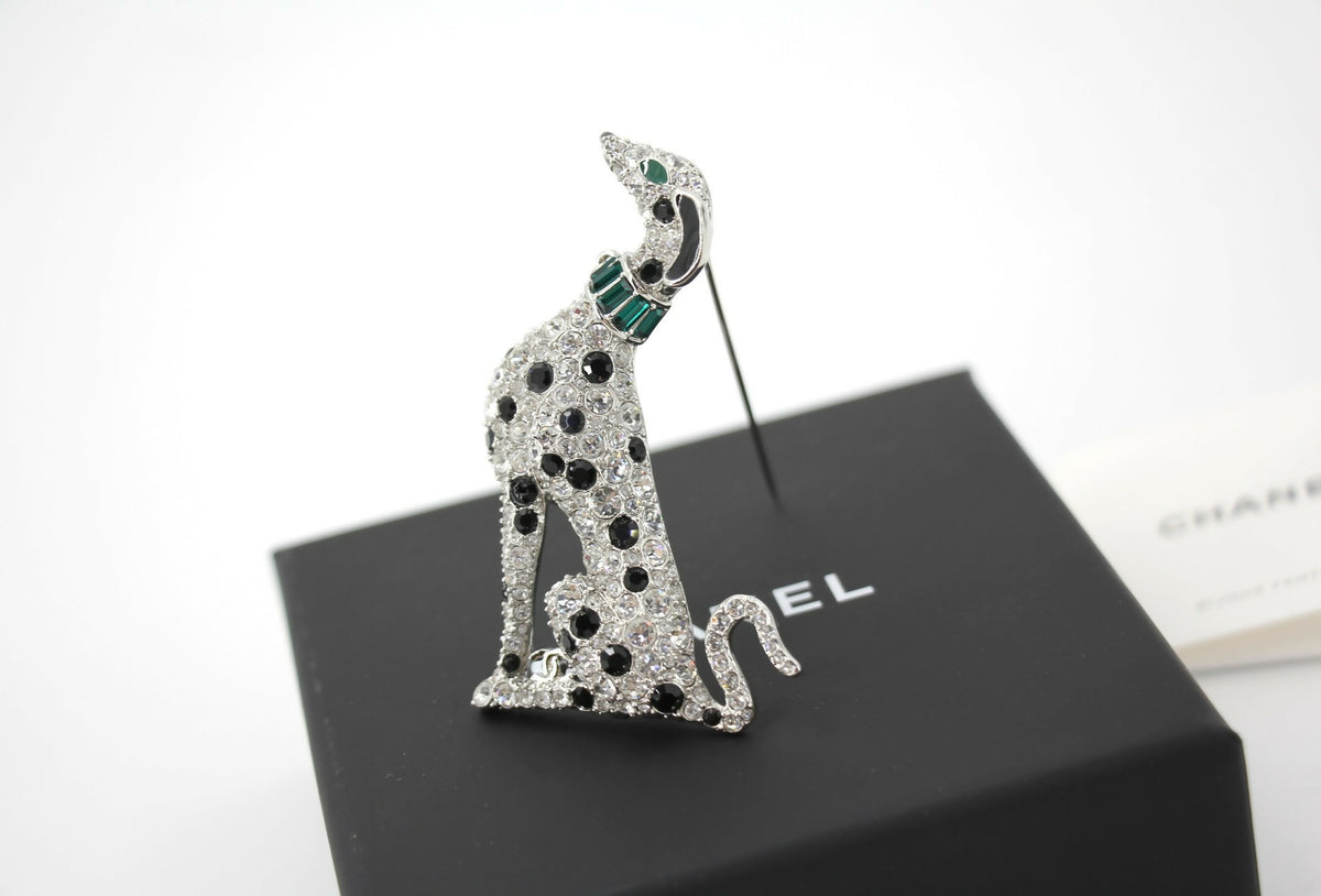 Chanel B26A Rhinestone Black Silver Green Dalmatian Brooch