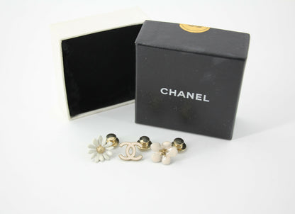 Chanel Vintage 10P Enamel Pink Camellia & Chrysanthemum & Pink CC Three-Piece Brooch