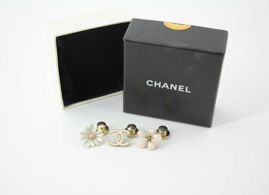 Chanel Vintage 10P Enamel Pink Camellia & Chrysanthemum & Pink CC Three-Piece Brooch