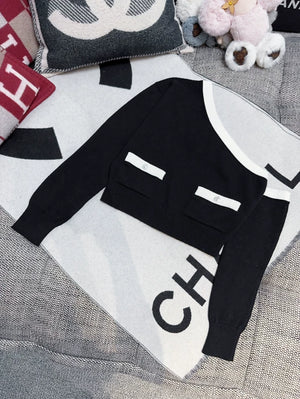 Chanel 23s Black and White Off-the-Shoulder Cashmere Sweater