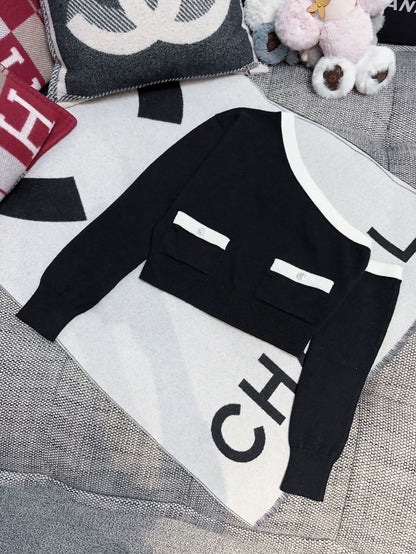 Chanel 23s Black and White Off-the-Shoulder Cashmere Sweater