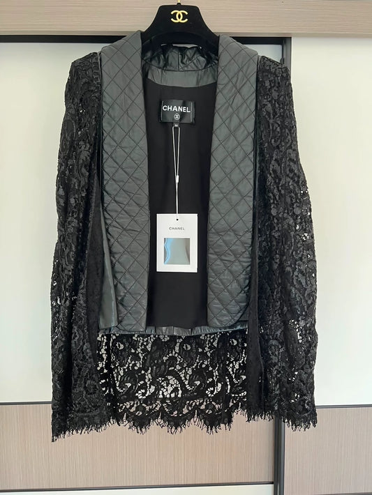 Chanel 23A lace and leather jacket