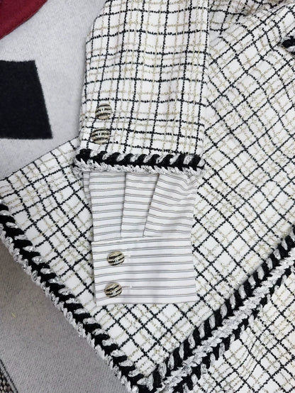 Chanel 24C Black & Ecru Tweed Jacket with Striped Cuffs