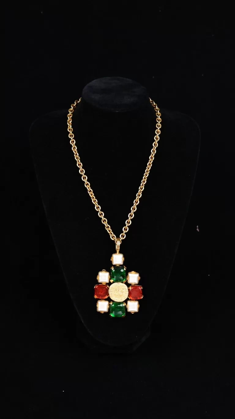 Chanel 1993 Gold Coin Red and Green Glass Pearl Pendant Necklace