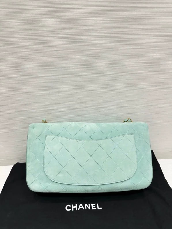 Chanel 26s suede CF Maxi bag, mint blue with gold chain, large size 36cm,