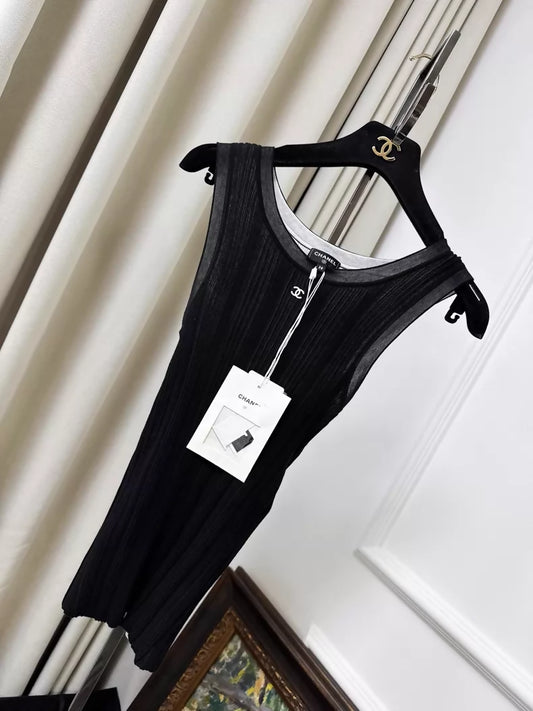 Chanel 26M Coco Beach Black Pleated Double-Layer Tank Top