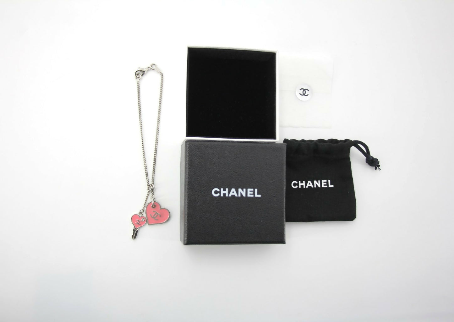 Chanel 07P Enamel Pink Heart Key Charm Silver Chain Bracelet