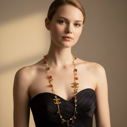 Chanel 11C Runway Amber Orange Gold Pearl Sautoir Long Strand Statement Necklace