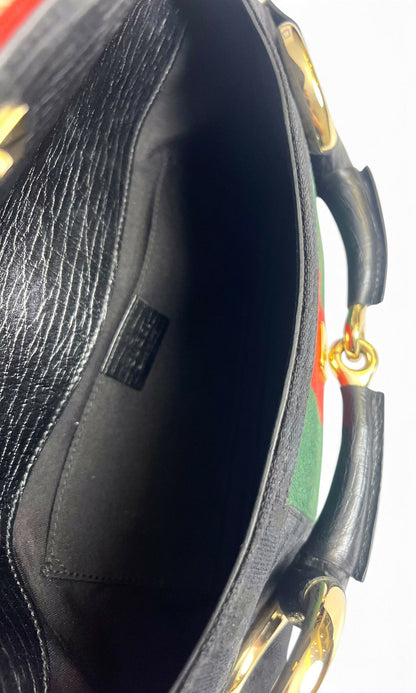 Gucci Large 1955 Tom Ford Classic Black Red Green GG Monogram Horsebit Clutch Handbag Gold hardware