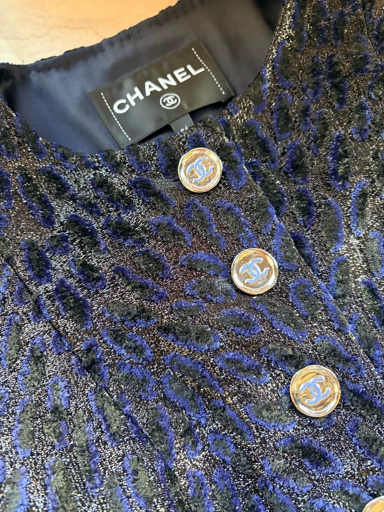 Chanel 23A Navy Blue Leopard Print Velvet Jacket
