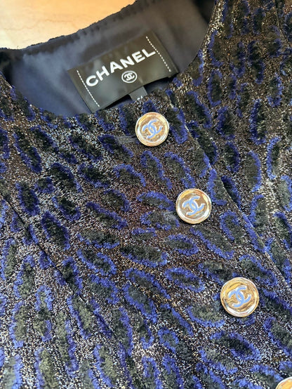 Chanel 23A Navy Blue Leopard Print Velvet Jacket