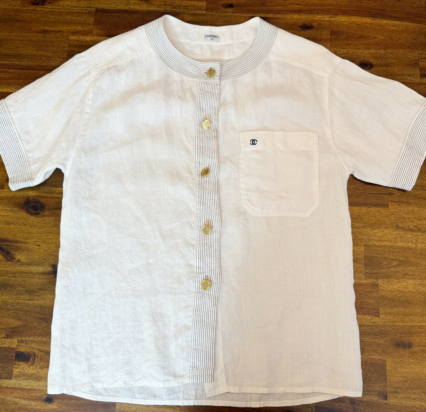 Chanel 1990s Vintage White and Navy Pinstripe Linen Short Sleeve Button-Up Shirt