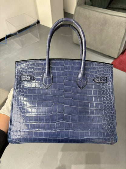 Hermès Birkin 30 Bleu Électrique (7E) Shiny Porosus Crocodile with Hardware Square