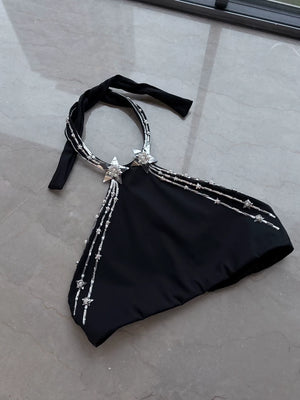 Chanel 24C black and silver metallic star Swimsuit Top