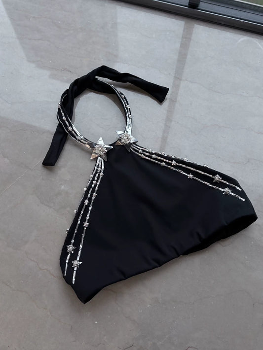 Chanel 24C black and silver metallic star Swimsuit Top