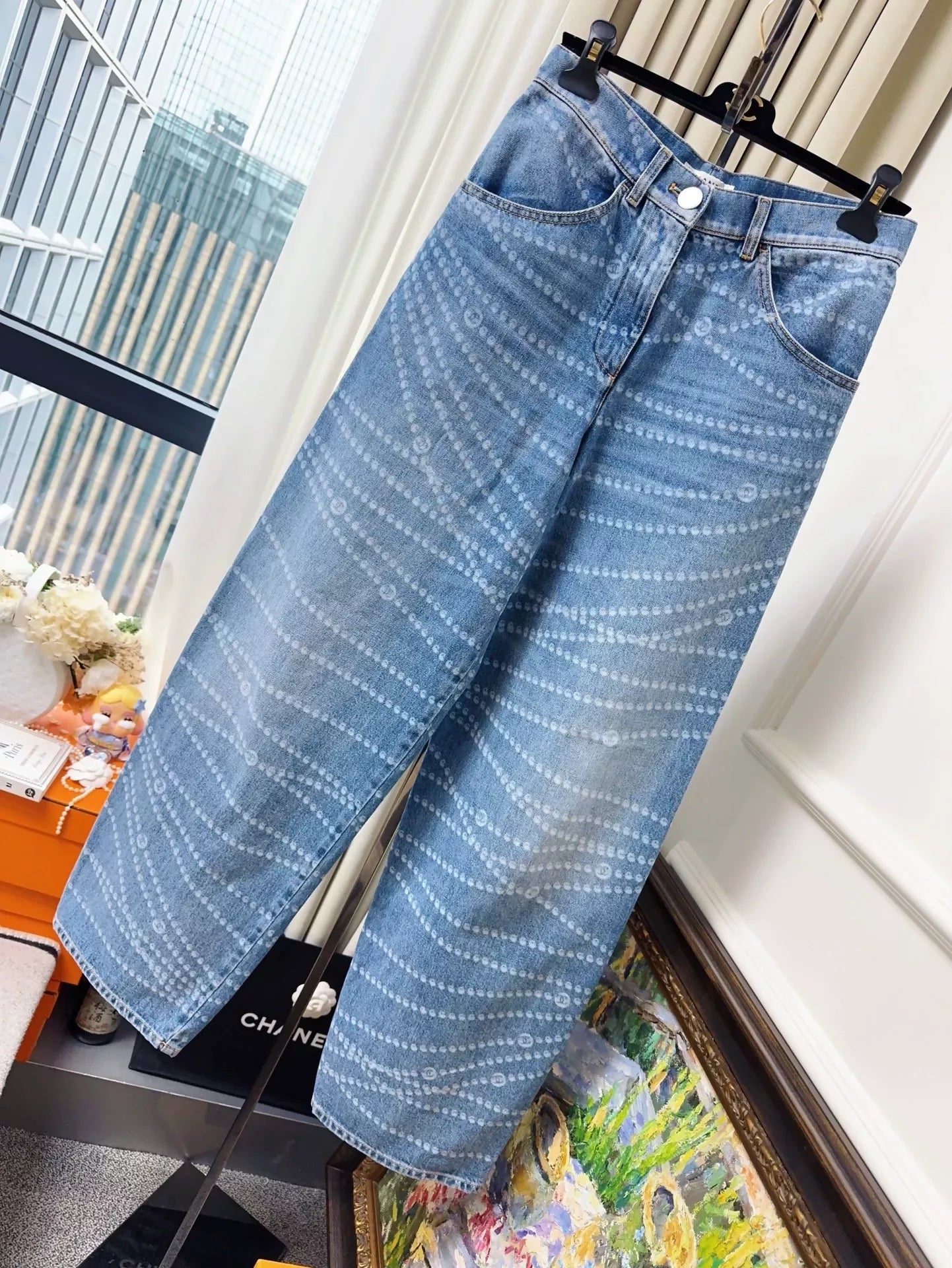 Chanel 25p popular blue pearl chain print logo wide-leg jeans