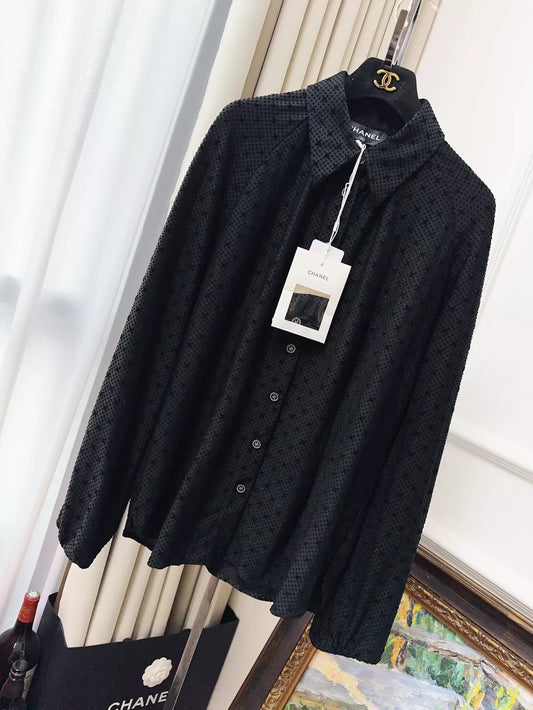 Chanel 24b black velvet polka dot shirt