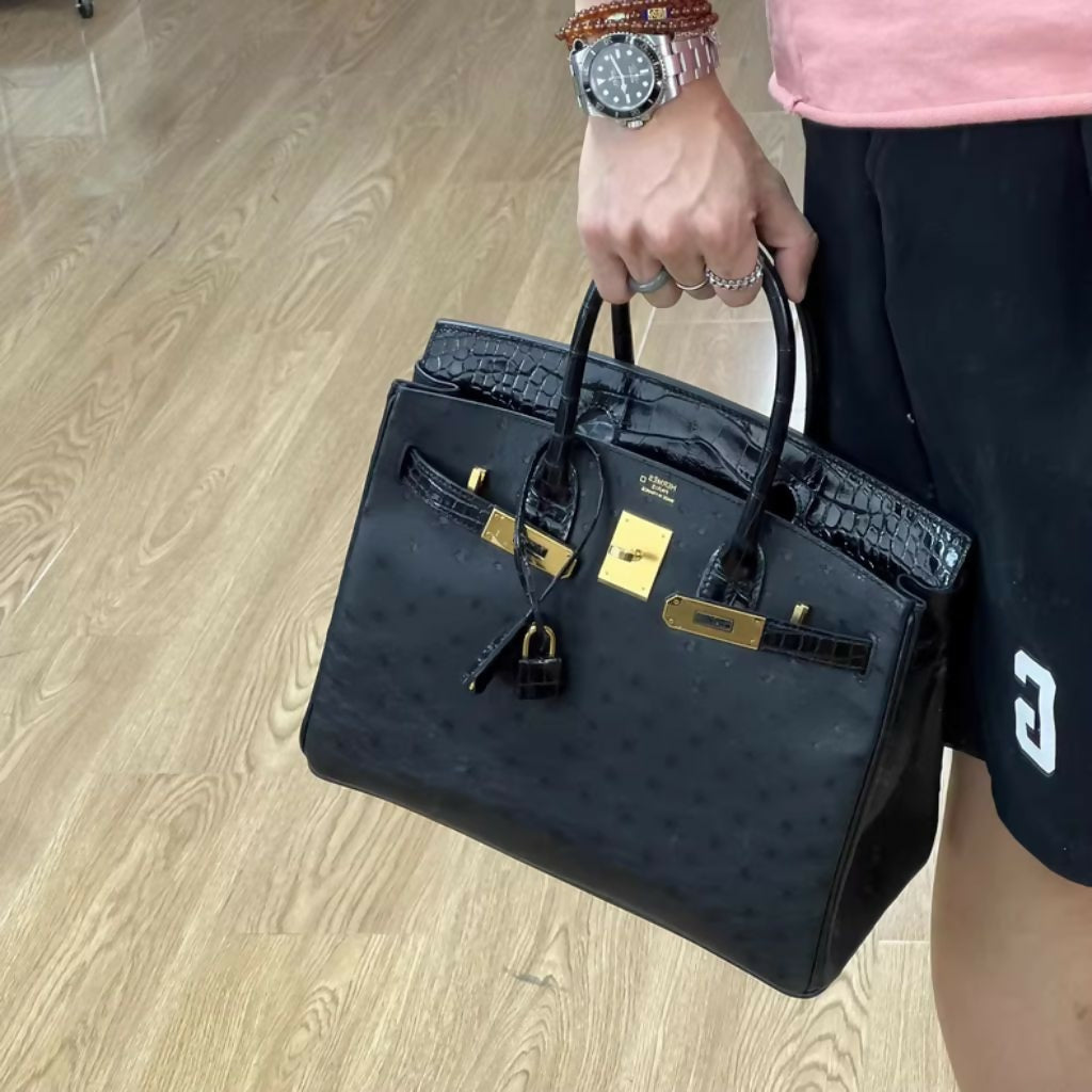 Hermès Birkin 30 Touch Black Ostrich & Crocodile, Gold - Wararni