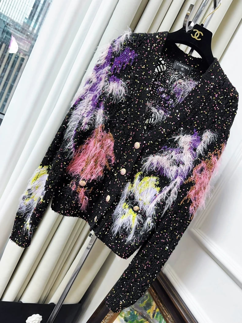 Chanel 24C Black Ostrich Feather Colorful Sequin Cardigan