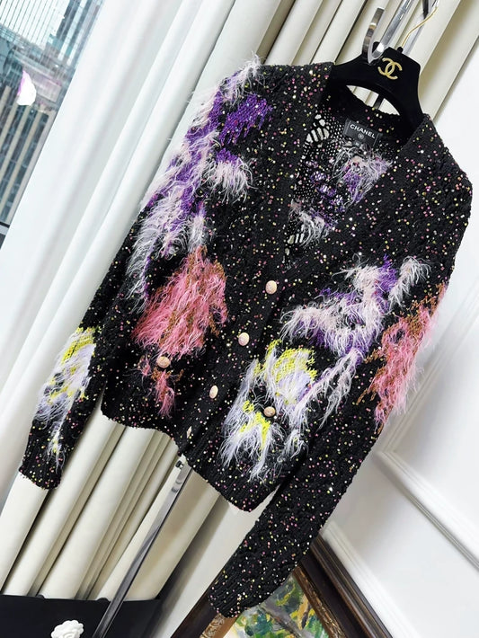 Chanel 24C Black Ostrich Feather Colorful Sequin Cardigan