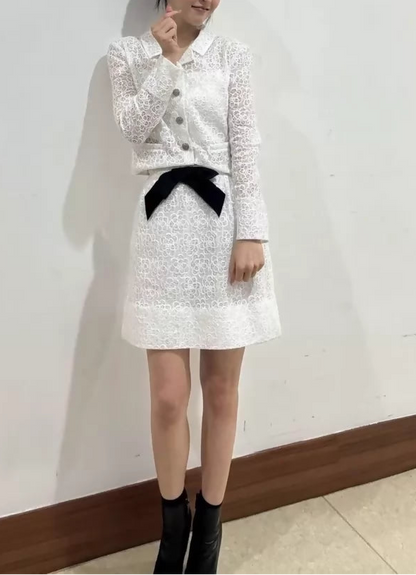 Chanel 24S White Sequined lace Camellia Bow Skirt