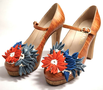 CHANEL 10P RUNWAY FLORAL PLATFORM MARYJANE WOODEN HEELS EU 39