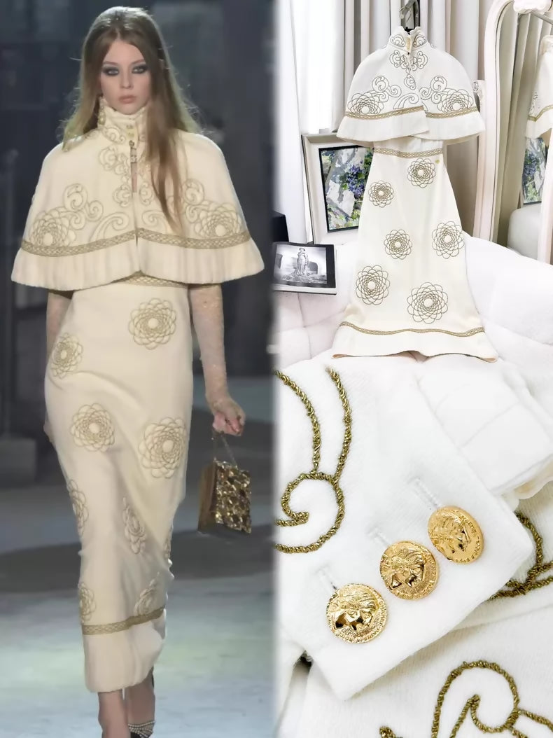 Chanel 16A off-white with gold camellia cape dress