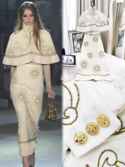Chanel 16A off-white with gold camellia cape dress